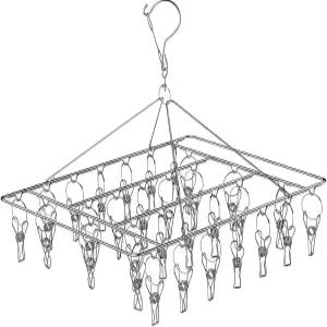 JPORSHU 양말 접이식 스테인리스 스틸 건조대 46개 클립 금속 걸이 포함 360도 스위벨 후크 방풍 옷 걸이대