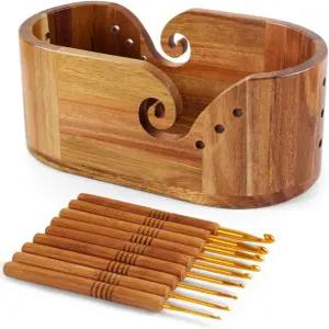 타원형 실 볼 뜨개질 갈고리 9개가 달린 크로셰 홀더 크로셰용 수납 대형 아카시아 나무