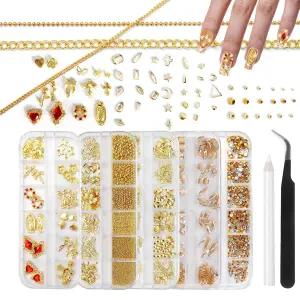시우시오 골드 네일 참 앤 젬 키트 5박스 메탈릭 아트 플랫백 크리스탈 샴페인 라인스톤 캐비어 비즈 3D