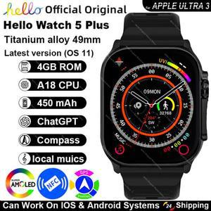 새로운 스마트워치 오리지널 헬로 워치 5 플러스 울트라 3 49mm HD AMOLED 4G ROM NFC 딥시크 GPS 나침반