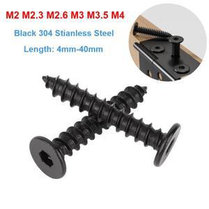 20-200피스 M2-M4 검정색 304 스테인레스 스틸 슈퍼 울트라 얇은 육각 소켓 플랫 헤드 나사 셀프 태핑 나무