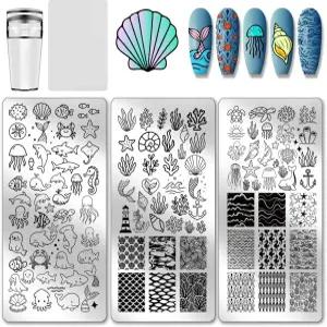 PH PandaHall 3pcs 여름 바다 네일 스탬핑 플레이트 키트 해양 동물 고래 껍질 아트 템플릿 DIY 프린트