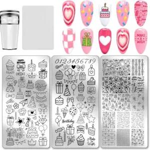 PH PandaHall 3pcs 생일 파티 테마 네일 스탬프 접시 케이크 선물 아트 풍선 패턴 이미지 캔들 스타 보우