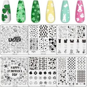 Whaline 6Pcs 성 패트릭의 날 부활절 네일 아트 스탬프 플레이트 키트 샴록 토끼 알 이미지 템플릿