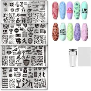 유니크래프탈 4Pcs 네일 스탬프 플레이트 세트 스포츠 꽃잎 식물 테마 템플릿 이미지 스텐실 아트 여성 DIY