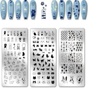 PH PandaHall 3pcs 귀여운 고양이 네일 스탬핑 플레이트 발톱 아트 스텐실 발 패턴 이미지 피쉬본 매니큐어