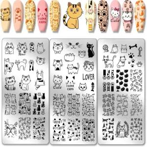 PH 팬더홀 3pcs 귀여운 고양이 네일 스탬프 플레이트 사랑스러운 아트 템플릿 동물 발 피쉬본 스텐실