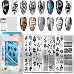 PH PandaHall 4pcs 뱀 네일 스탬핑 플레이트 잎 식물 아트 템플릿 신비한 매니큐어 스텐실 선 스타 문 이블