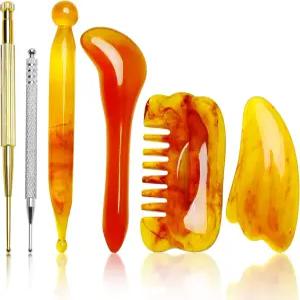 6PCS 마사지 도구 과샤 얼굴 스트레칭 스틱 수동 침술 펜 스크래핑 보드 삼각 금과 은 귀 탐침 포인트