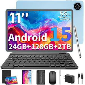 2026년 업그레이드된 안드로이드 15 24GB GMS 포함 2개 11인치 태블릿 BT5.0 제미니 AI 케이스 포함된 가 중 4G WiFi 5G 8000mAh 마우스 2TB 옥타코어 1개 키보드 GPS 블랙 확장 스타일러스 128GB