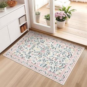 입구용 가비홈 2x3 플로럴 러그, 미끄럼 방지 소프트 빈티지 던지기 도어 매트, 로우 파일 접이식 농가 카펫, 침실 주방용 논셰딩 실내 세척 가능 소형 핑크