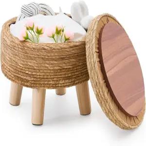 Cpintltr 저장소 오스만 푸프 손으로 짠 발걸이 천연 해초 원형 의자 4개의 나무 다리가 있는 부드러운