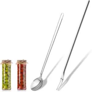 2개 피클 포크 도구 세트 7.5인치 스푼 및 8.6인치 긴 손잡이 스테인리스 스틸 올리브 양파 오이