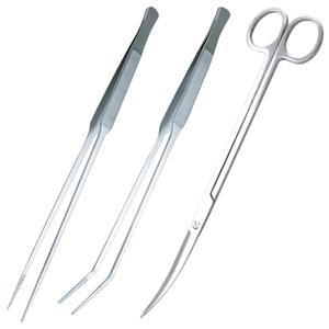 3피스 아쿠아스케이핑 도구 세트 u2013 25cm / 9.8인치 스트레이트 및 커브드 롱 핀셋, 가위, 파인 팁 1mm 수족관 식물 관리, 테라리움