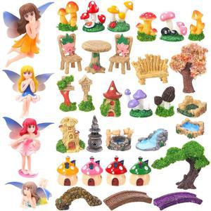 GGSTDUP 32개 요정 정원 액세서리 미니 피규어 미니어처 테이블 및 의자 다리 버섯 등대 물 우물 연못 풍경 장식 키트 DIY 화분 책상 장식용