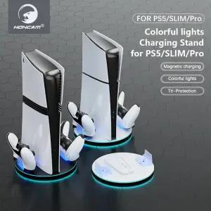 듀얼센스거치대 PS5PS5Pro PS5 Slim용 USB 충전 슬롯 2개 수직 콘솔 스탠드PS5 Edge 용 RGB 조명