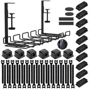 ENGYNC 52피스 언더 데스크 케이블 관리 트레이 키트 - 15.7 u2019 사무실/가정용 드릴 정리함 바구니, 연장 코드 및 와이어 보관, 책상, 주방, 인터넷 카페용 나사 없는 클램프 마운트 포함