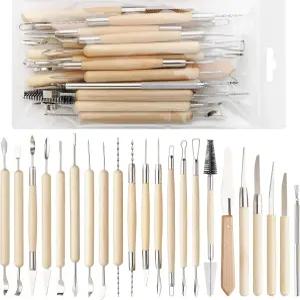 22PCS 나무 도자기 조각 도구 점토 청소 세트 성형 절단 트리밍 휠 공예 용품 초보자 성인 학생용 세라믹