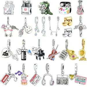 925 스털링 실버 음악 참 비즈 음표 피아노 기타 헤드셋 귀걸이 펜던트 팔찌 DIY 고급 주얼리 선물