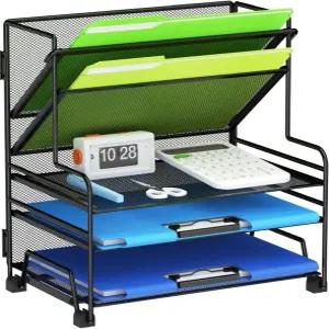 MINEDEPOT 4단 종이 정리함 + 3포켓 파일 홀더 데스크톱 트레이 사무실 교실 작업 공간 (블랙 데스크 서랍