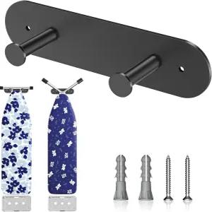 다리미 보드 홀더 벽걸이 탈부착 가능한 후크가 있는 걸이 세탁실 Y 또는 T 다리용 스테인리스 스틸 (블랙)