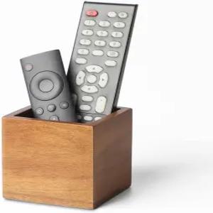 LBEMEY 리모컨 홀더 캐디 농가 아카시아 우드 TV 빈티지 데스크 테이블용 리모컨(브라운 - 2~3개용)