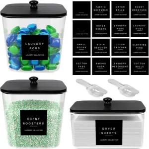 POLRAI 3팩 세탁 포드 용기 및 건조 시트 홀더 대나무 뚜껑이 있는 아크릴 병과 향 부스터 파우더 세제