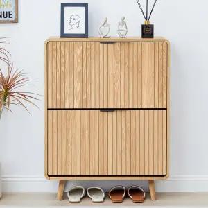 입구용 FurSch 플럭티드 신발 캐비닛 보관함 플립 서랍 2개가 있는 슬림 좁은 신발장 정리함(모두 천연