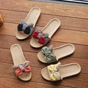 여성 DT298416 트위드 리본 라탄 슬리퍼 실내화 밀짚 실내화 실