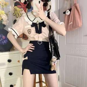 ToB 핑크 프릴 트윈리본 마린 반팔 세라복 세트 교복 학생 일본교복