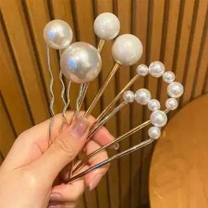 골드 컬러 메탈 진주 U자형 올림머리 헤어스틱 비녀 11자형