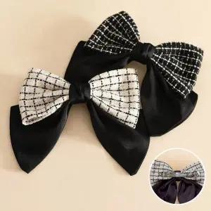 트위드 배색 리본 장식 여성용 깔끔한 자동 헤어핀