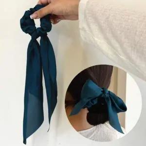 리본 장식 머리끈 다크그린 컬러 헤어 스크런치 밴드 곱창 머리끈