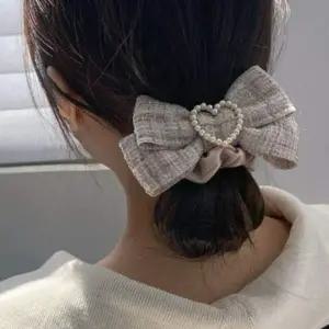 여성용 하트 진주 장식 리본 곱창밴드 헤어포인트 머리끈