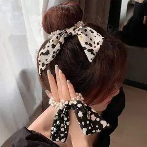 진주장식 얼룩무늬 리본 헤어밴드 여성용 머리끈 포인트 액세서리