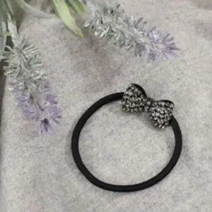 [골드스마일]크리스탈 리본 큐빅 장식 미니 고무줄 헤어밴드 블랙 방울 머리끈