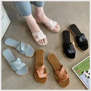 여성용 심플 기본 낮은 굽 엑스 스트랩 오피스 슬리퍼 사무실슬리퍼 통굽슬리퍼