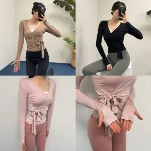 긴팔 요가복 탑 핑거 크로스