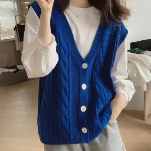 여성 울 꽈배기 니트 베스트 조끼 브이넥 쪼끼 블루