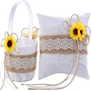트루 러브 선물 해바라기 장식 삼베 레이스 반지 베어러 베개 및 웨딩 플라워 소녀 바구니 세트