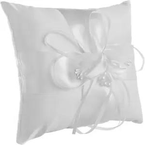 아모스펀 웨딩 링 베어러 베개 2팩 5.11인치 화이트 패브릭 쿠션 라인스톤 펄 플라워 액센트로 예식 및