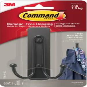 Command 대형 매트 블랙 더블 훅 후크 1개와 스트립 1개 접착 스트립이 있는 손상 없는 매달린 벽 홈 데코