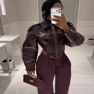 여성 레트로 복고풍 엔틱 허리 조절 코팅 가죽 재킷 캐주얼 라펠 긴 지퍼 피쉬본 코트 2026 데일리 하이 스