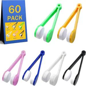 60팩 미니 안경 클리너 도구 휴대용 선글라스 클리닝 안경용 부드러운 극세사 클립 6가지 색상(블루 그린