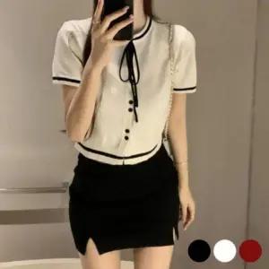 [반애] 패션스타일 리본 귀여운 반크롭 니트 기장 여성 여름 가디건