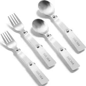 4PCS 스테인리스 스틸 접이식 숟가락 및 포크 세트 대체 금속 서빙 야외 캠핑용 휴대용 식기 여행용