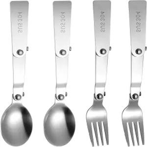 HJZII 4PCS 접이식 스푼 포크 스테인리스 스틸 세트 휴대용 교체 금속 식기 야외 여행용 도시락 음식 병과