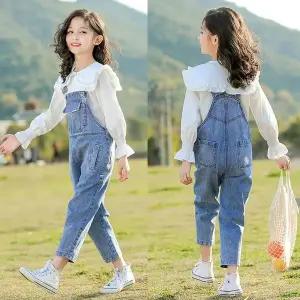 [삐삐네옷가게]여아 주니어 클래식오버롤 봄가을 블라우스 청바지 멜빵 상하세트