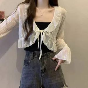 에쁜 FH98YC84 레이스 플라워 패턴 숏가디건 플라워패턴 가디건