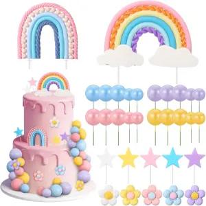 32개의 레인보우 케이크 토퍼와 플라워 스타 컵케이크 토퍼 파스텔 볼 생일 파티를 위한 보호 그루비 장식